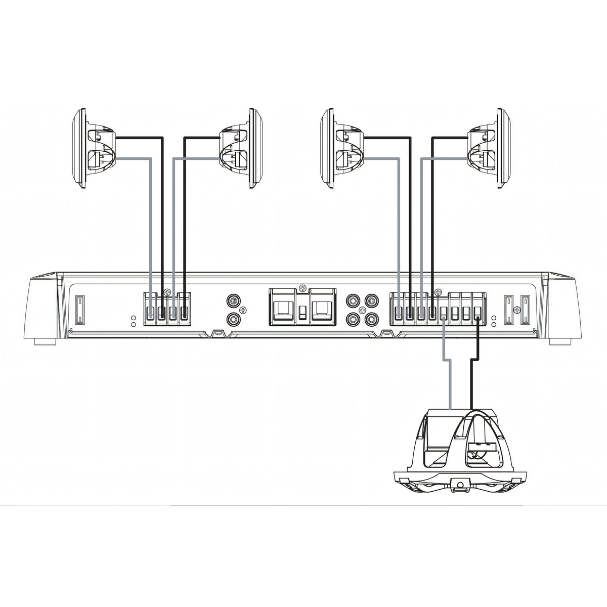 Schema di collegamento dell'amplificatore Fusion Signature SG-DA51600 a diffusori e subwoofer