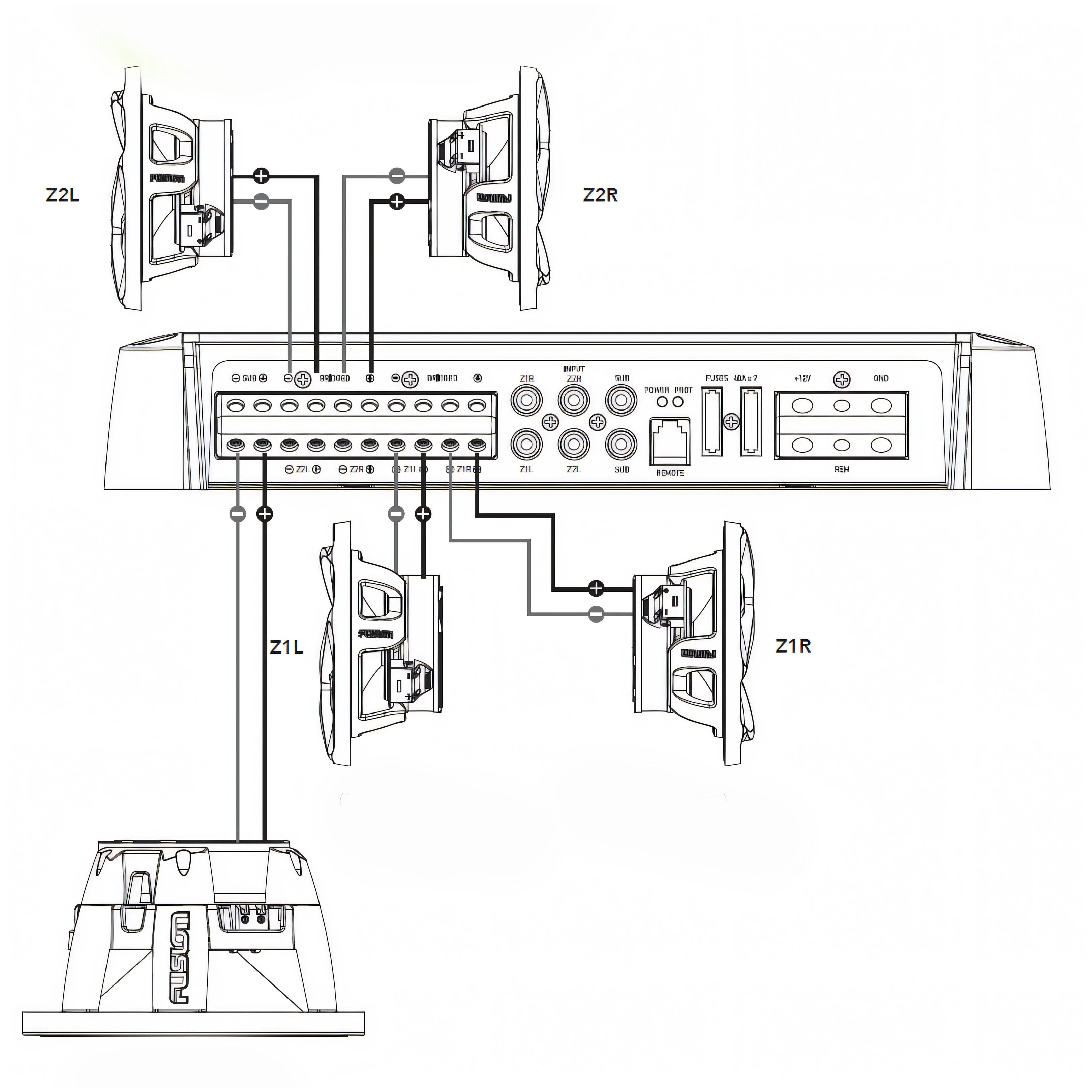 Schema di collegamento dell'amplificatore Fusion Apollo MS-AP61800 a diffusori e subwoofer
