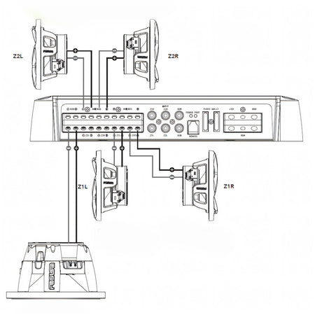 Schema di collegamento dell'amplificatore Fusion Apollo MS-AP61800 a diffusori e subwoofer