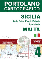 Copertina Portolano Cartografico Sicilia e Malta 2024 di Luca Tonghini, verde e bianco con mappa nautica | Onautica