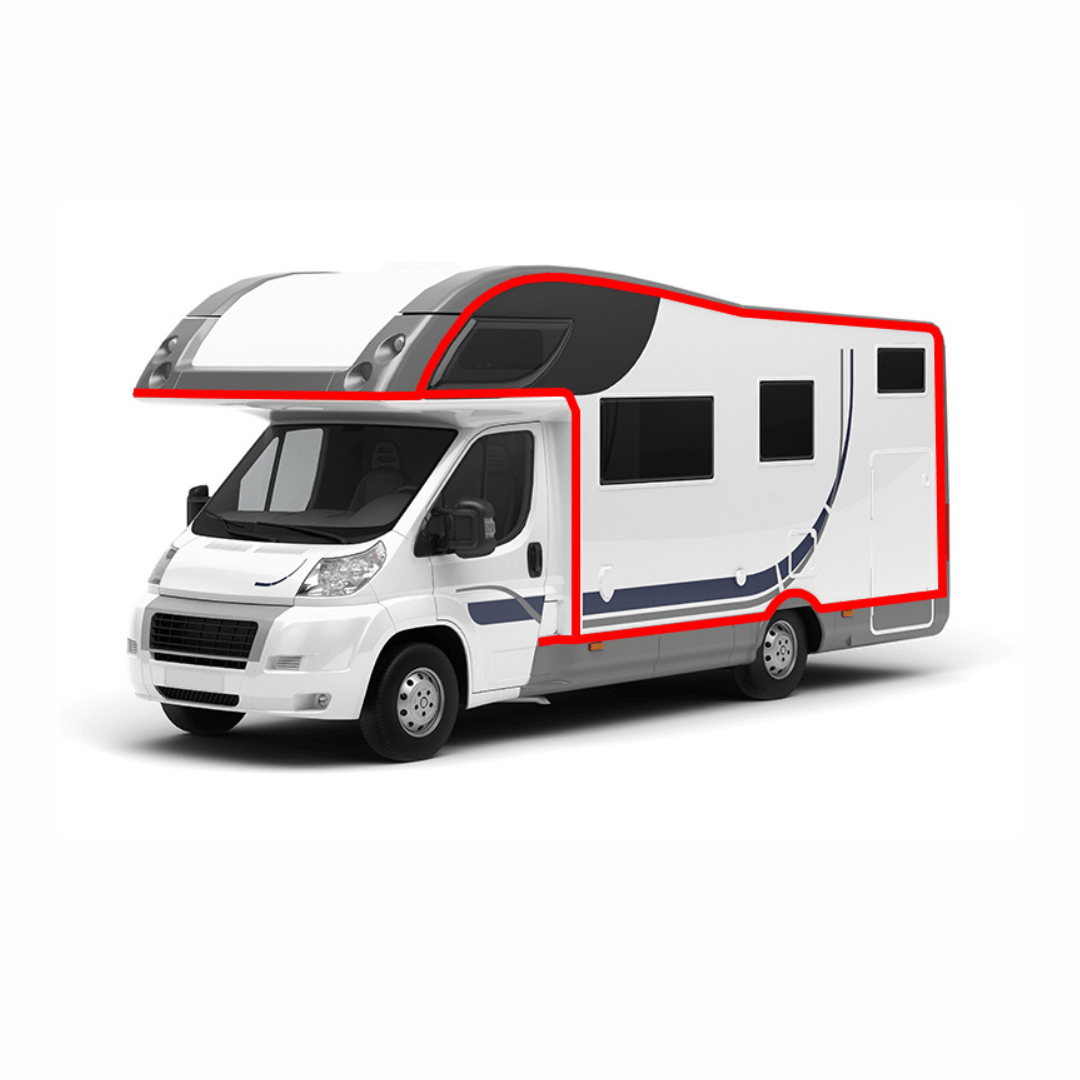 Applicazione sigillante adesivo MS SUPER su giunzione tetto-parete camper bianco, area evidenziata in rosso | Onautica