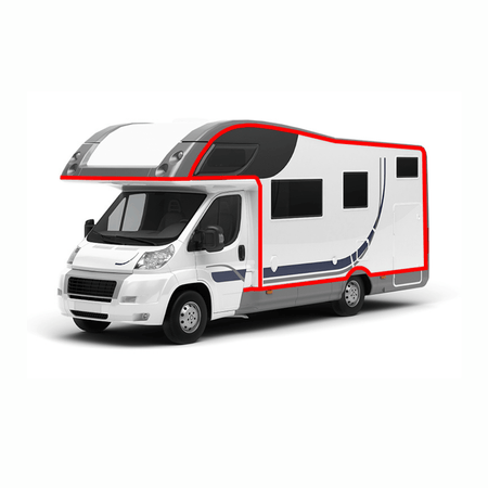 Applicazione sigillante adesivo MS SUPER su giunzione tetto-parete camper bianco, area evidenziata in rosso | Onautica