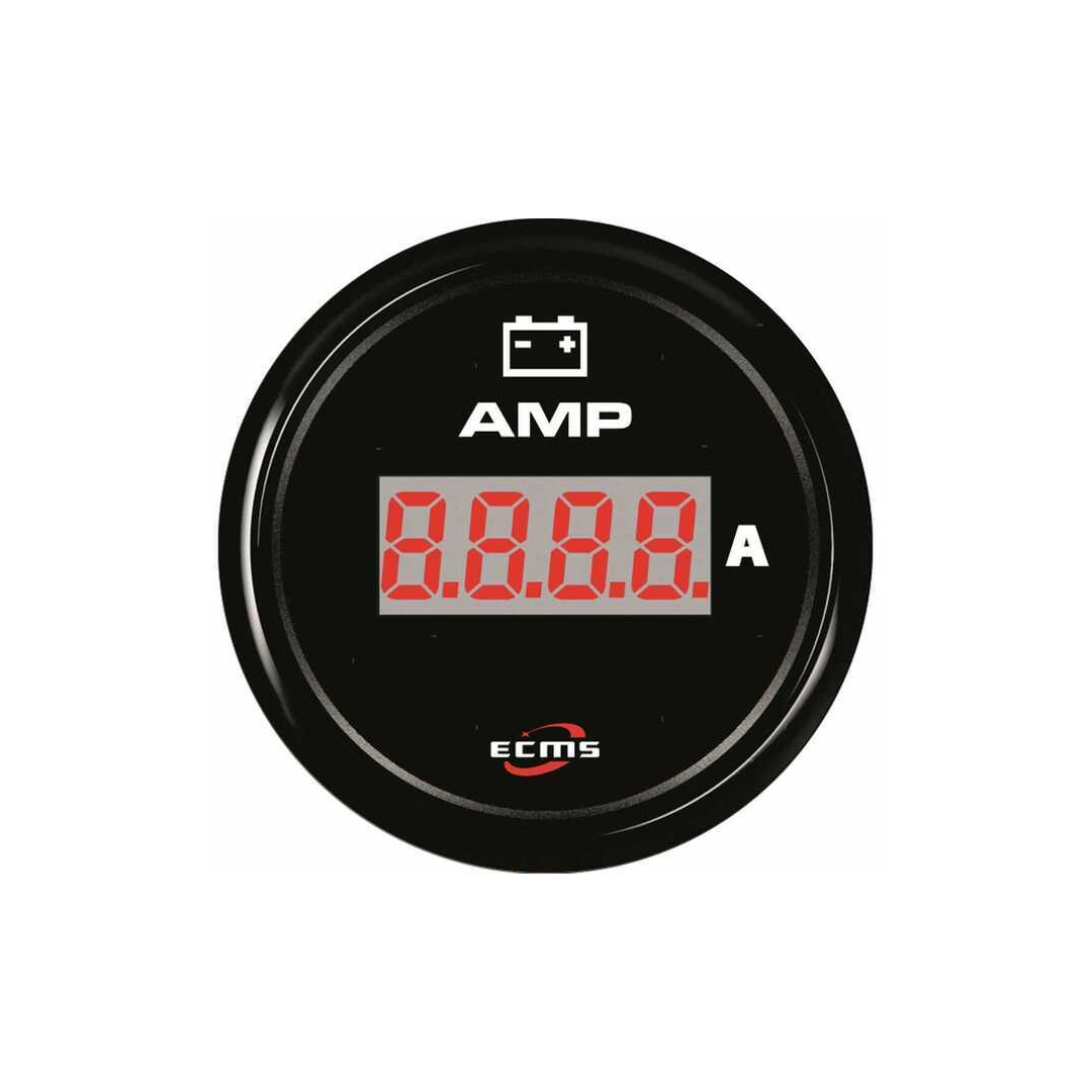 Amperometro digitale nautico ECMS All Black tondo nero con display rosso e unità A | Onautica