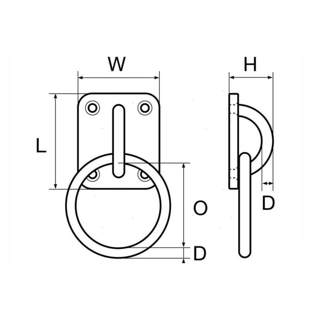 Scheda tecnica anello su piastra 4 fori 40x50mm Ø8mm con dimensioni L, W, H, O, D | Onautica