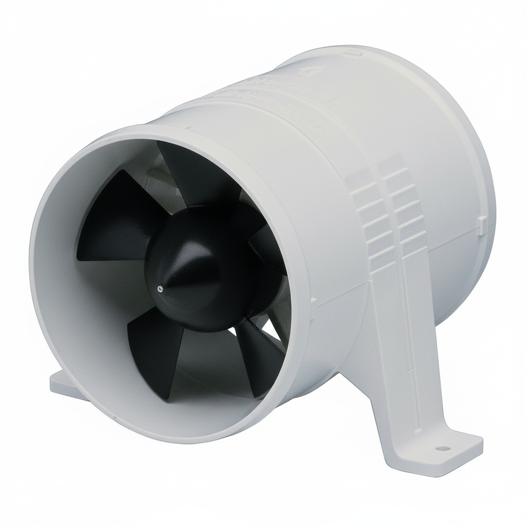Ventilatore aspiratore Attwood 12V bianco in plastica con girante nera a pale, cilindrico con supporto di montaggio | Onautica