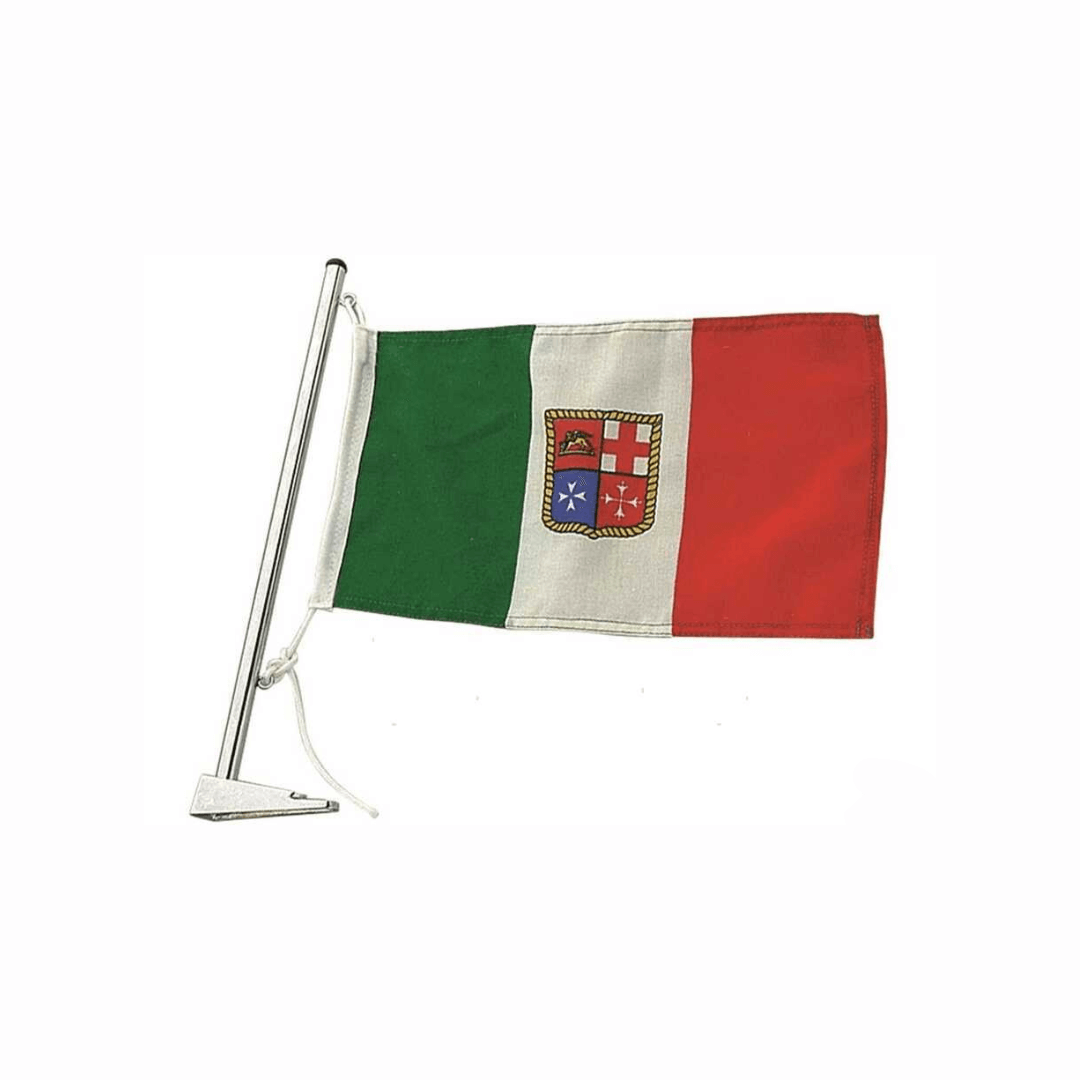 Asta portabandiera H 350mm ottone cromato con bandiera italiana marina su sfondo bianco | Onautica