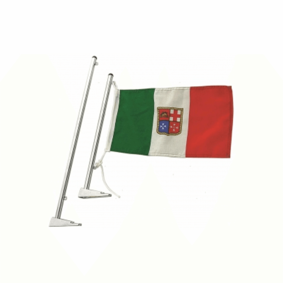 Asta portabandiera in ottone cromato con bandiera italiana marina, supporto a parete inclinato, H 500mm | Onautica