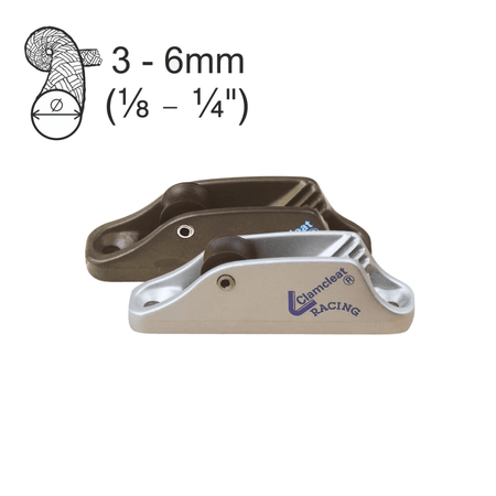 Strozzascotte Clamcleat Racing CL236 in alluminio argento e nero, Ø 3-6mm, con rullo | Onautica