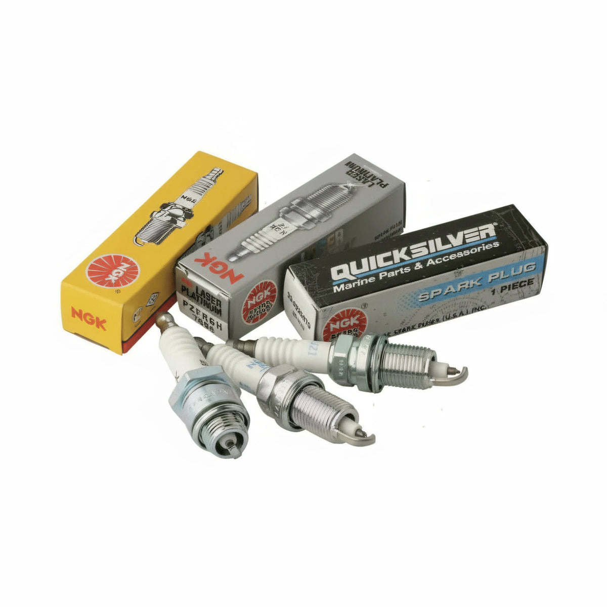 Candele NGK in confezione gialla, grigia e Quicksilver nera con 3 candele metalliche bianche | Onautica