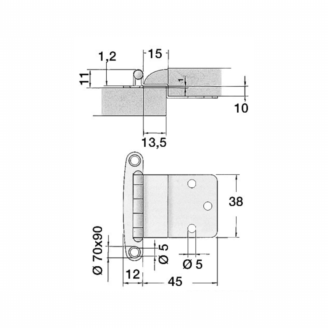 Scheda tecnica cerniera inox piana 38x46 mm con dimensioni, fori e sezione laterale | Onautica