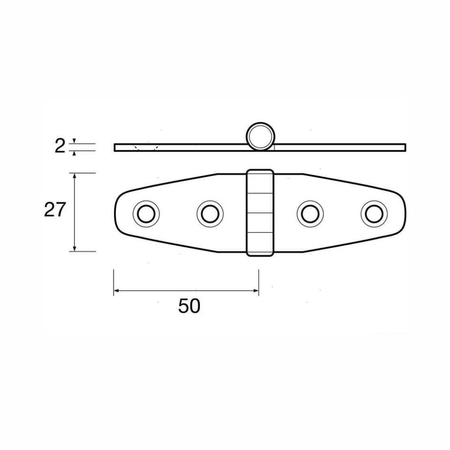 Scheda tecnica cerniera wing acciaio inox 27x50 mm con dimensioni, fori e perno centrale | Onautica