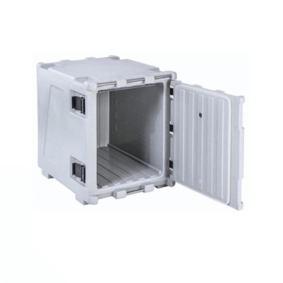Contenitore isotermico 150L grigio in polietilene con porta frontale aperta, interno vuoto e chiusure nere | Onautica