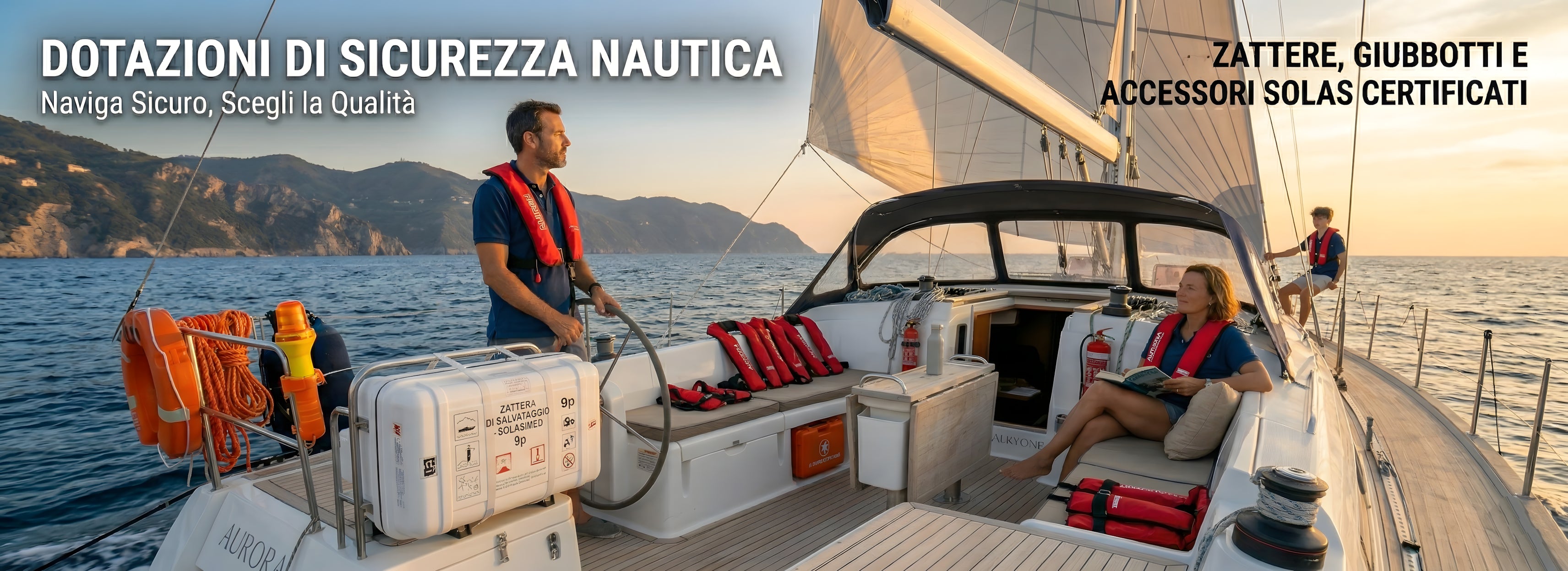 Immagine quadrata e ravvicinata del ponte di una barca a vela (AURORA) al tramonto in Italia, con l'attrezzatura di sicurezza in primo piano. Mostra un uomo al timone e una donna che legge, entrambi con giubbotti di salvataggio. Un'autogonfiabile SOLAS MED per 9 persone è in primo piano. Sovrapposto all'immagine, i testi in italiano 'DOTAZIONI DI SICUREZZA NAUTICA', 'Naviga Sicuro, Scegli la Qualità', 'ZATTERE, GIUBBOTTI E ACCESSORI SOLAS CERTIFICATI'.