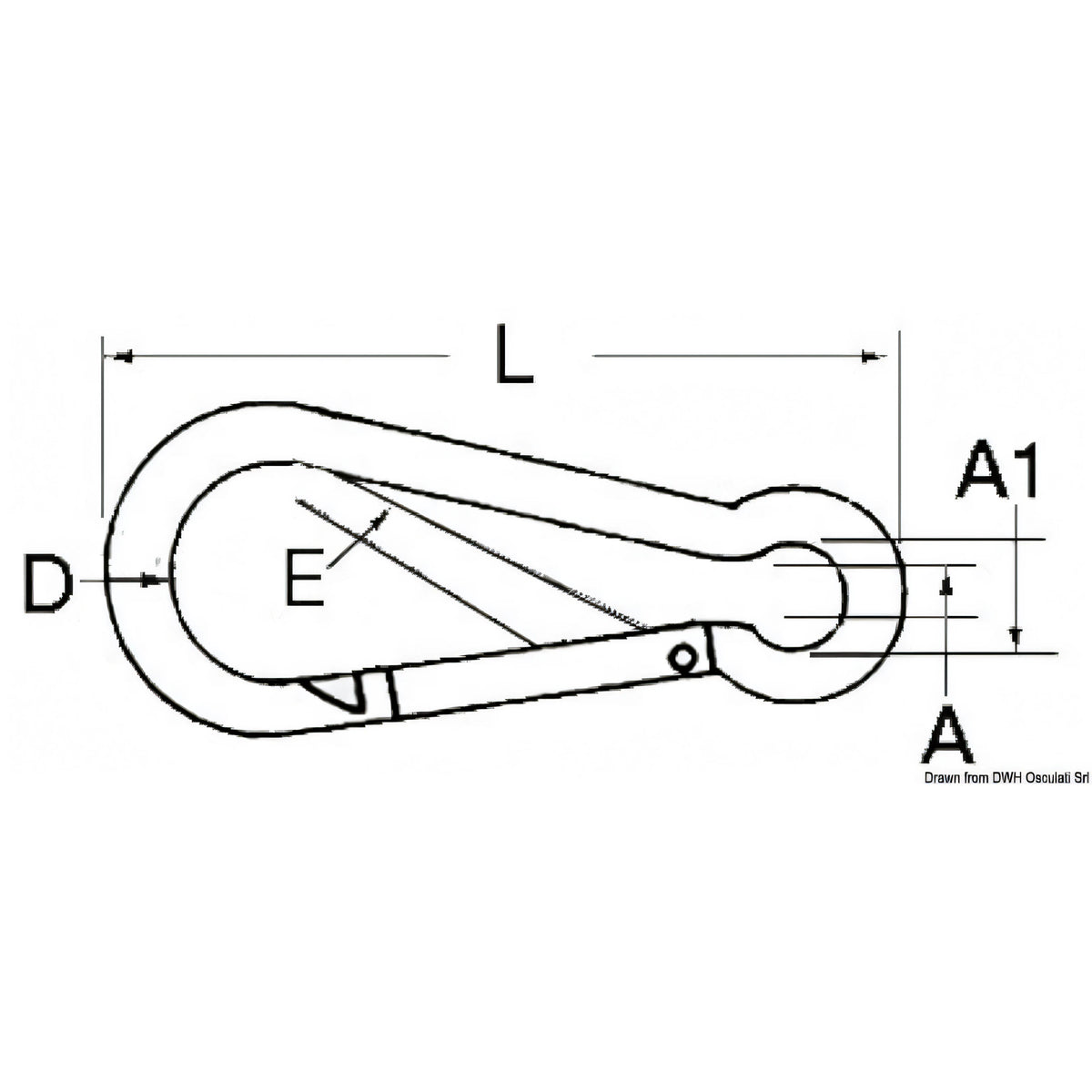 Disegno tecnico con le quote D, L, A1, A ed E del moschettone inox AISI 316