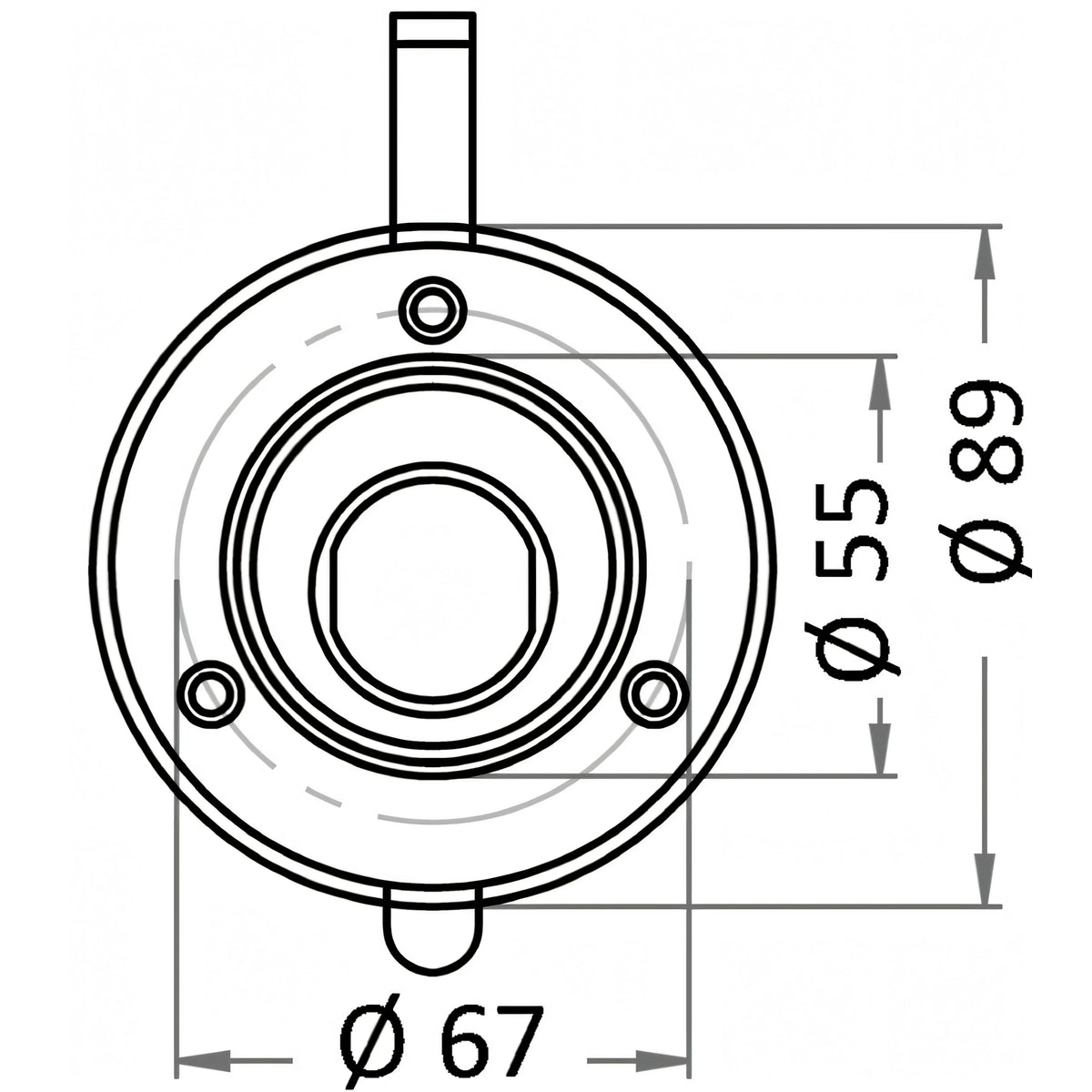 Disegno tecnico del vano per doccia Osculati bianco: foro di incasso Ø 67 mm, flangia Ø 89 mm, interno Ø 55 mm | Onautica
