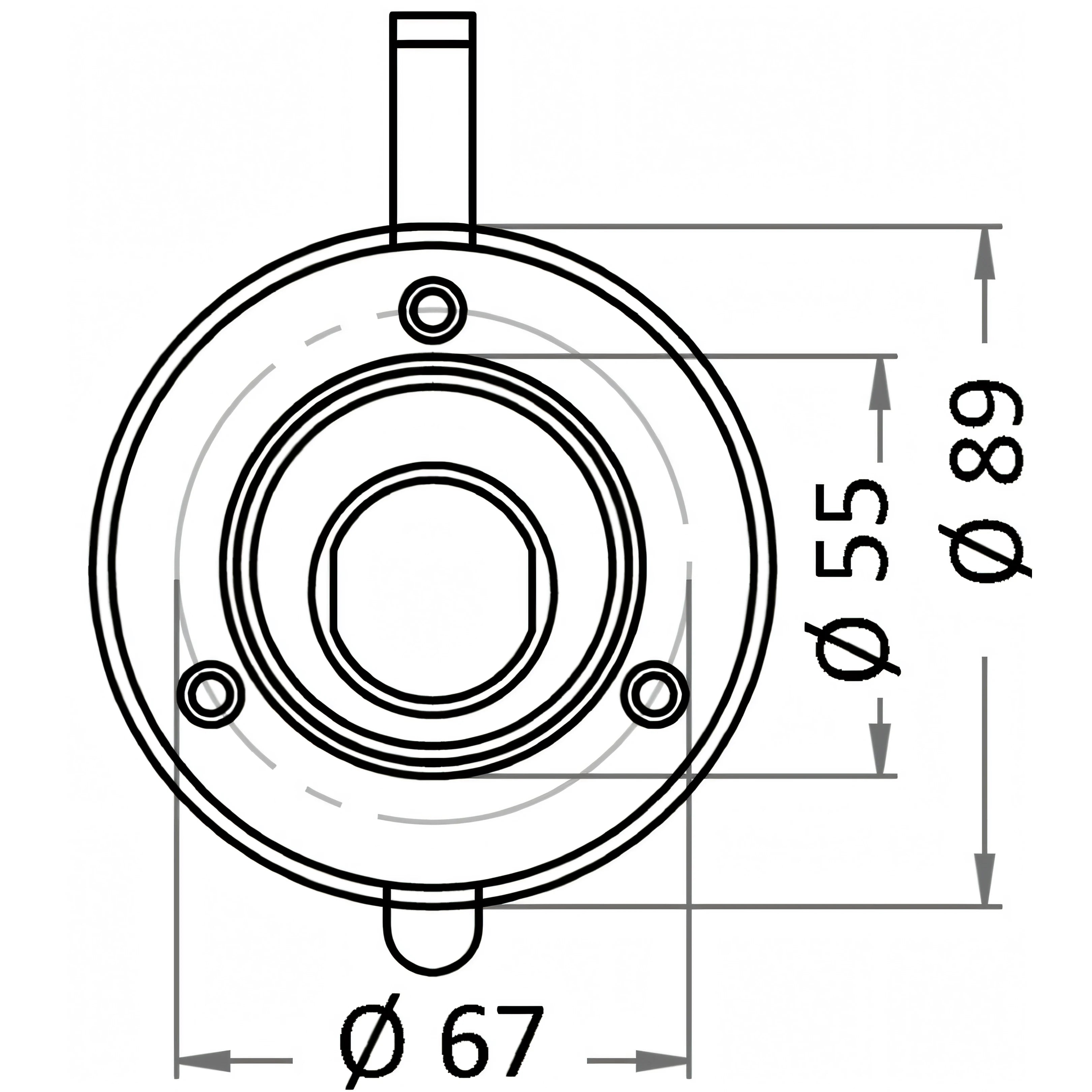 Disegno tecnico del vano per doccia Osculati bianco: foro di incasso Ø 67 mm, flangia Ø 89 mm, interno Ø 55 mm | Onautica