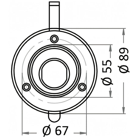 Disegno tecnico del vano per doccia Osculati bianco: foro di incasso Ø 67 mm, flangia Ø 89 mm, interno Ø 55 mm | Onautica
