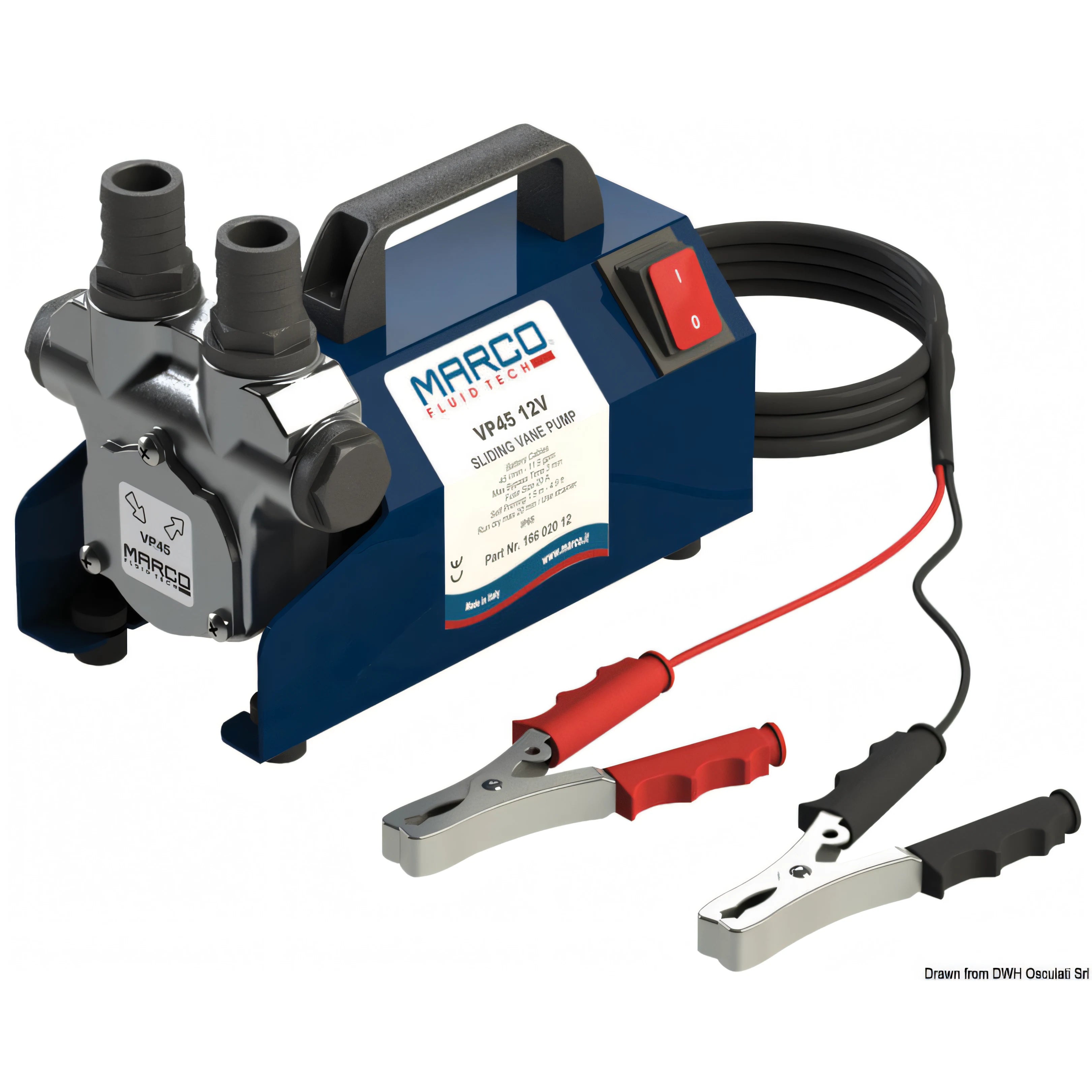 Pompa a palette Marco VP45 per travaso gasolio con carter, maniglia e pinze batteria