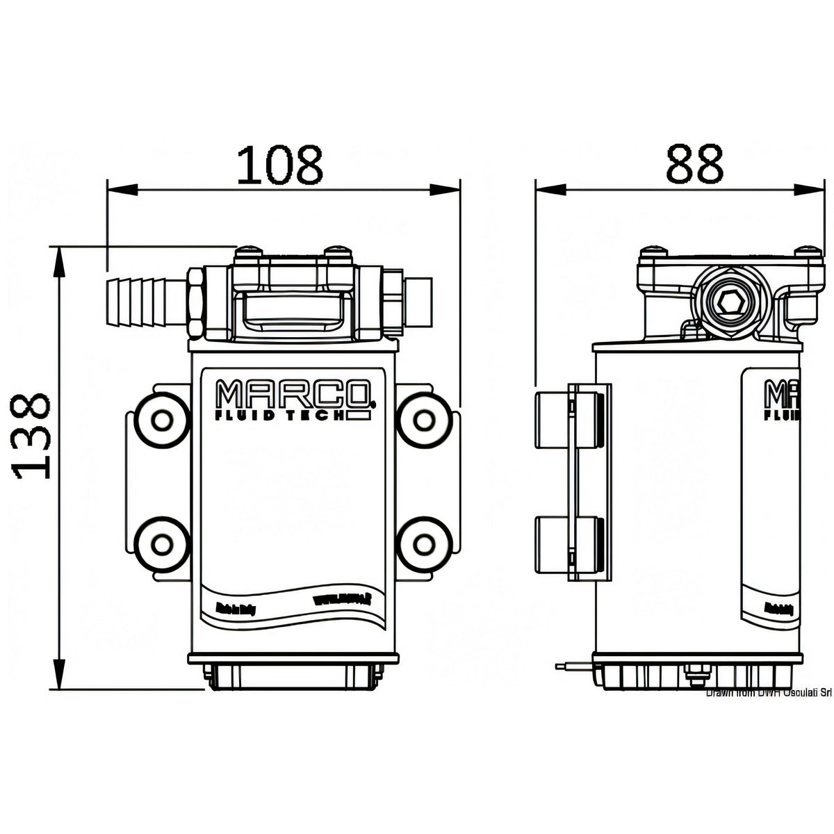 Disegno tecnico quotato dell'elettropompa Marco UP3/OIL
