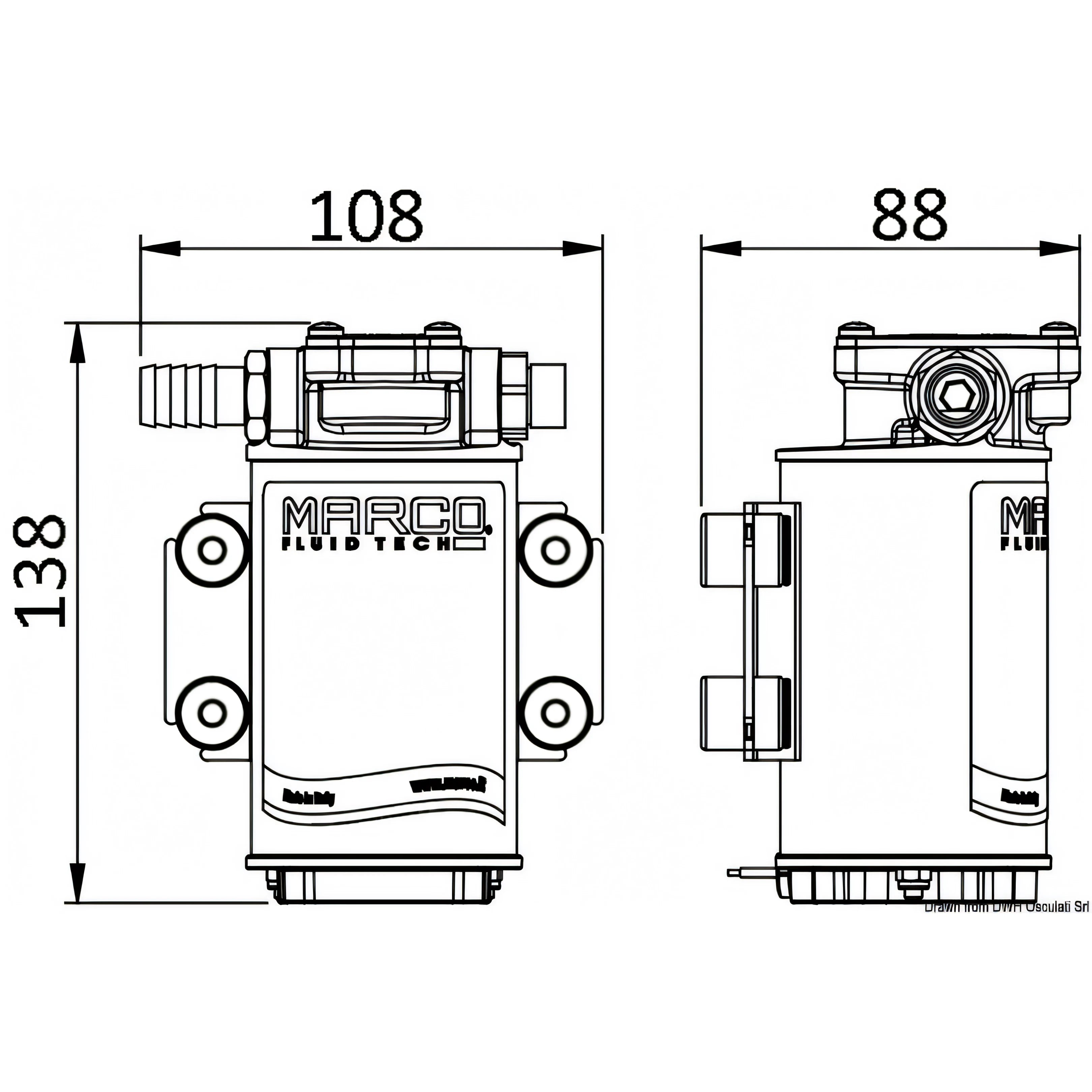 Disegno tecnico quotato dell'elettropompa Marco UP3/OIL