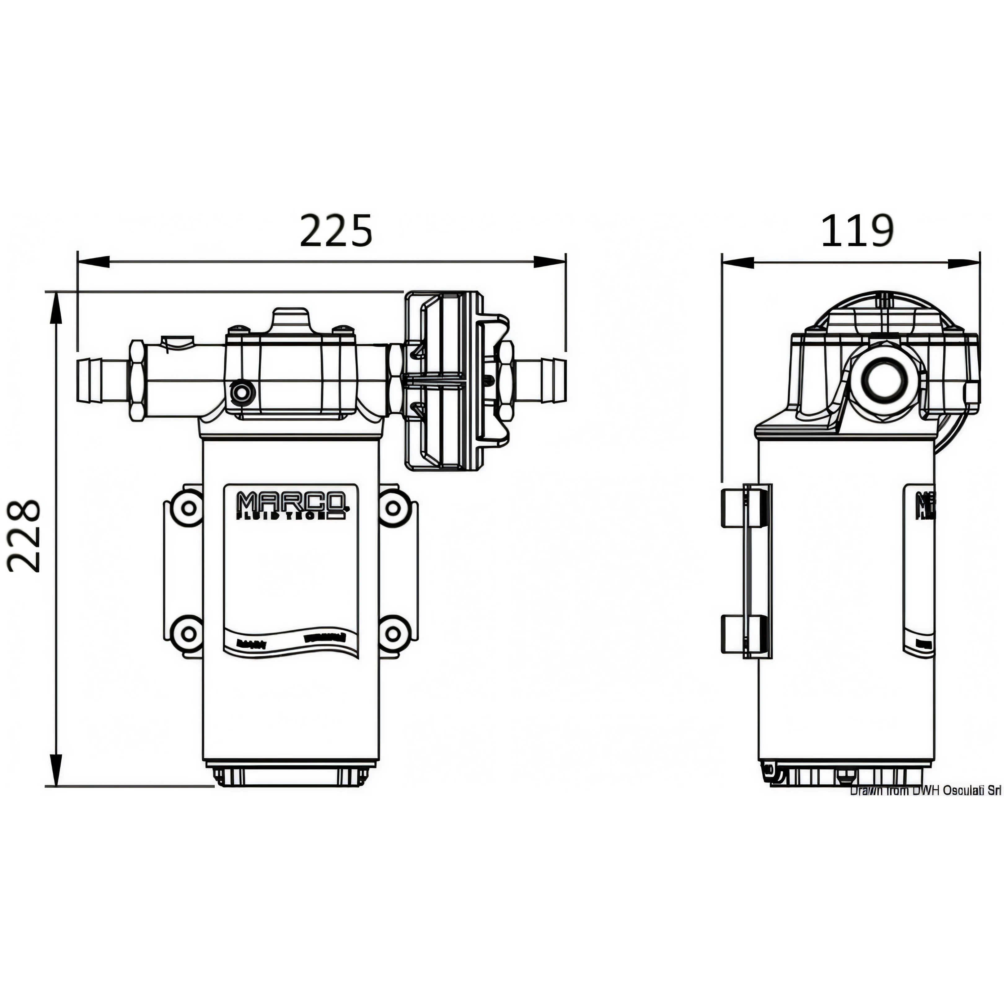 Disegno tecnico quotato della pompa Marco UP14 a ingranaggi in bronzo