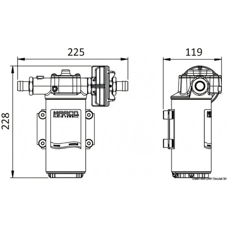 Disegno tecnico quotato della pompa Marco UP14 a ingranaggi in bronzo