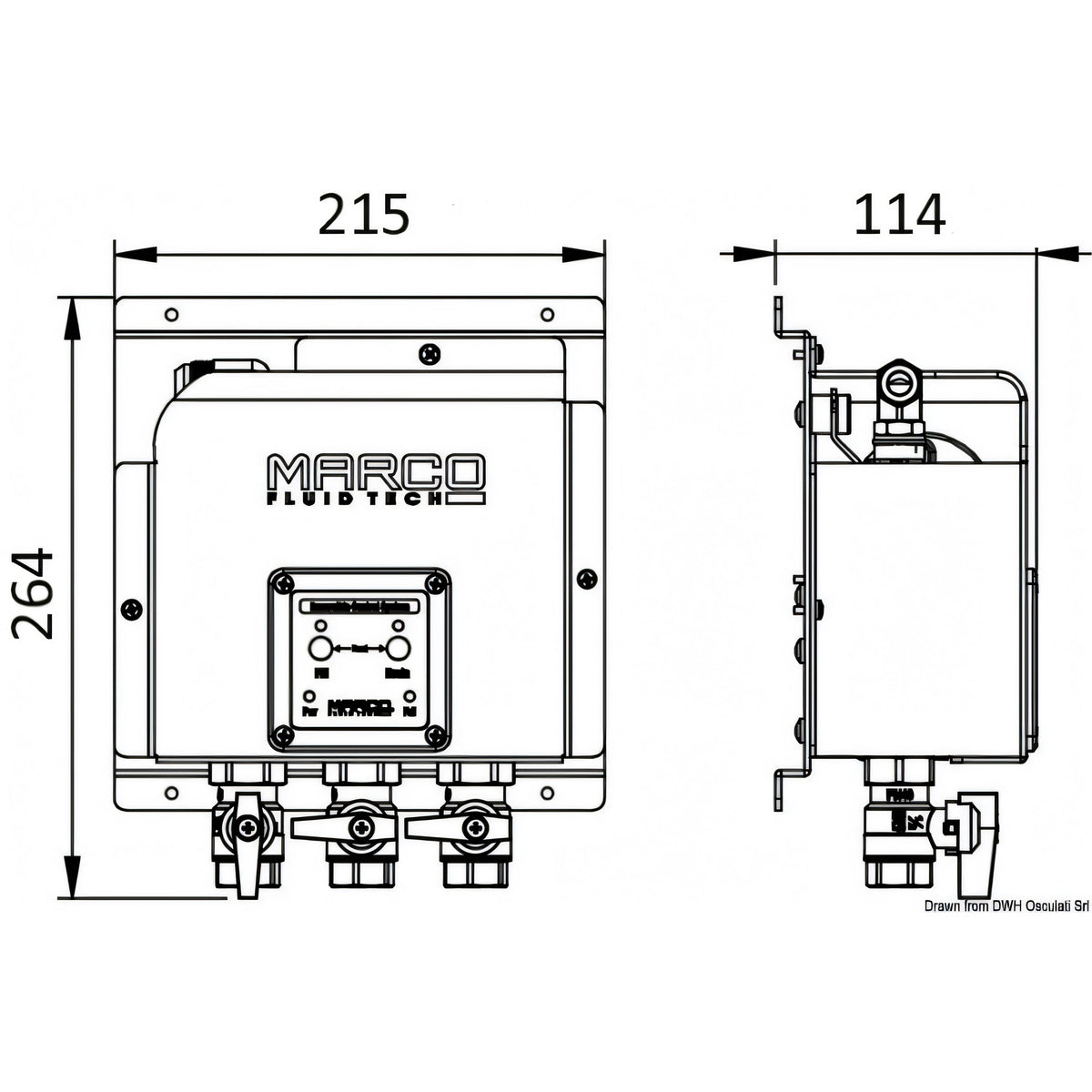 Disegno tecnico quotato del sistema cambio olio elettronico Marco OCS3/E