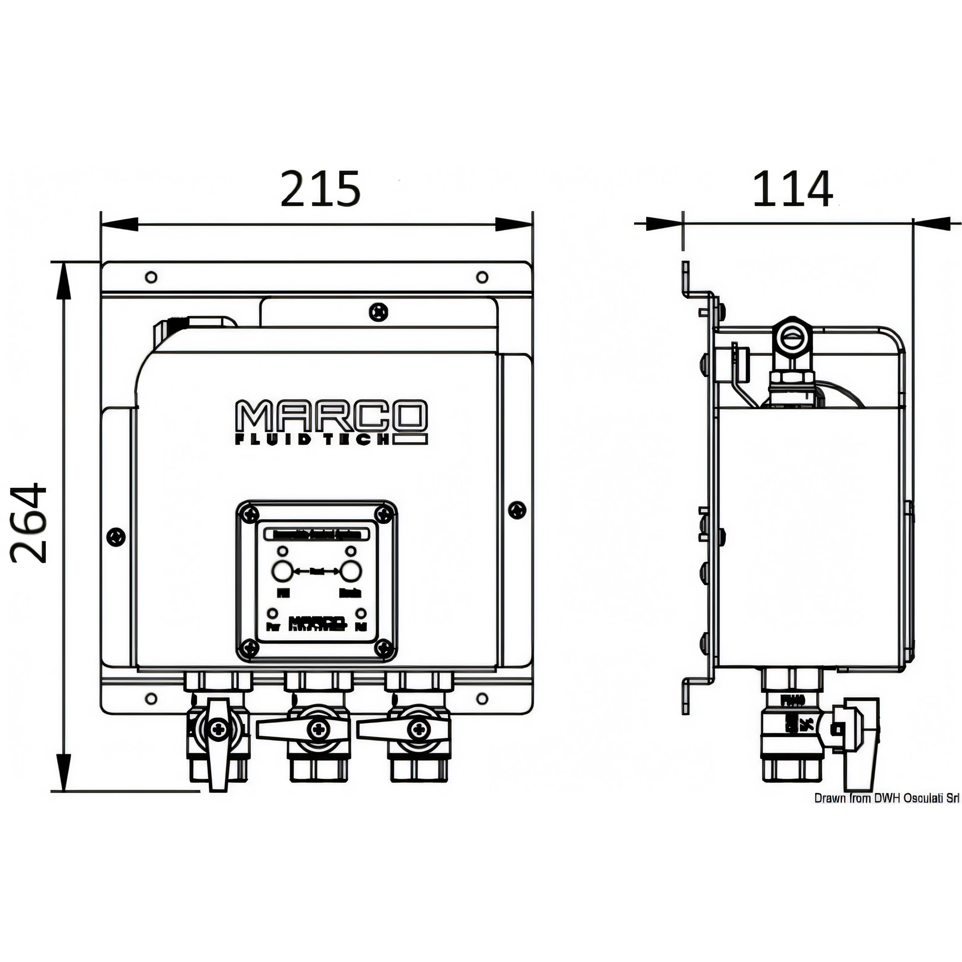 Disegno tecnico quotato del sistema cambio olio elettronico Marco OCS3/E