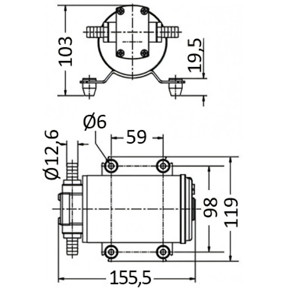 Disegno tecnico quotato della pompa autoadescante in bronzo Osculati