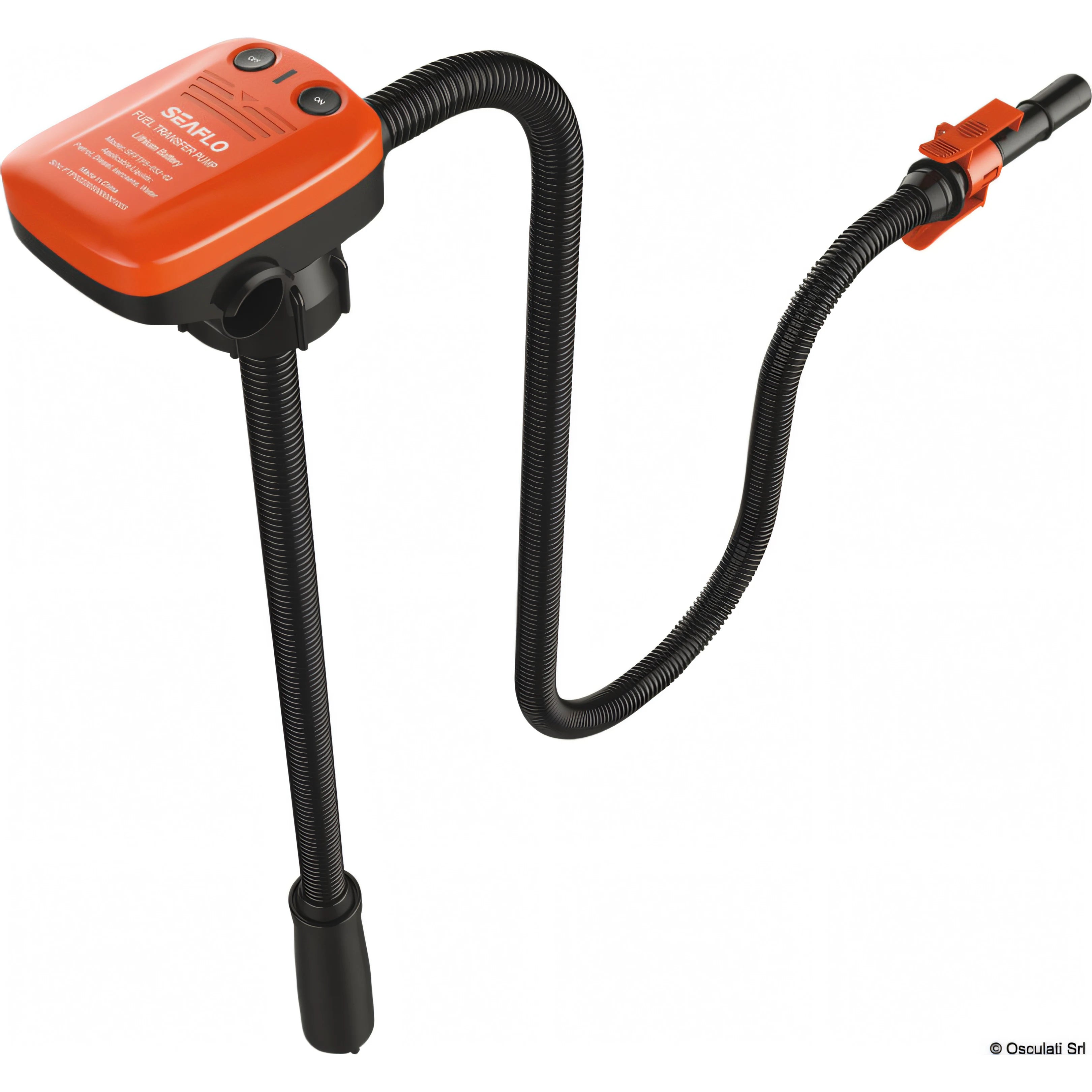 Pompa elettrica a batteria Seaflo arancione per travaso liquidi con tubo flessibile e ricarica USB
