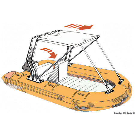 Schema del tendalino telescopico Osculati aperto sul roll-bar di un gommone