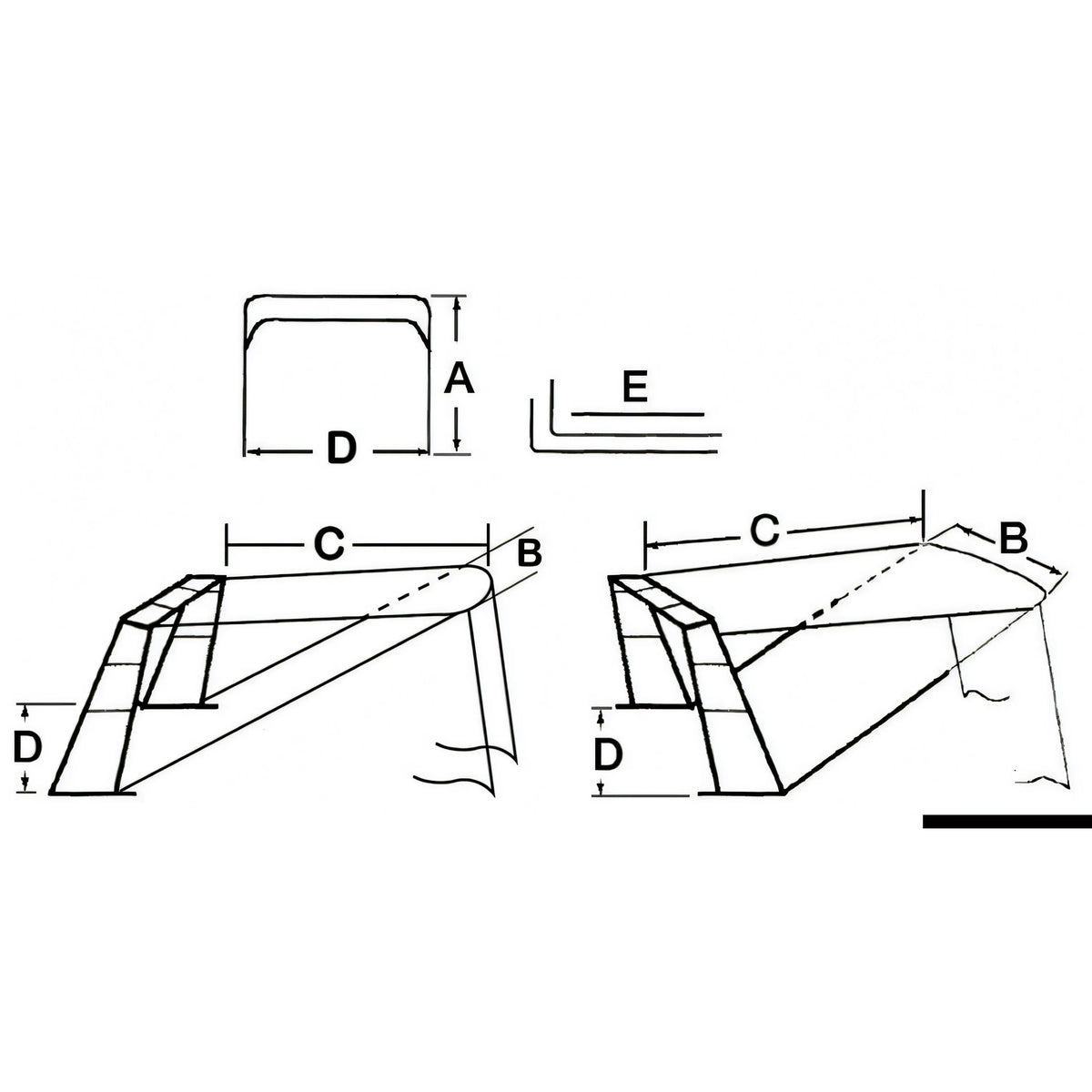 Disegno quotato del tendalino telescopico di poppa Osculati per roll-bar: quote A, B, C, D, E
