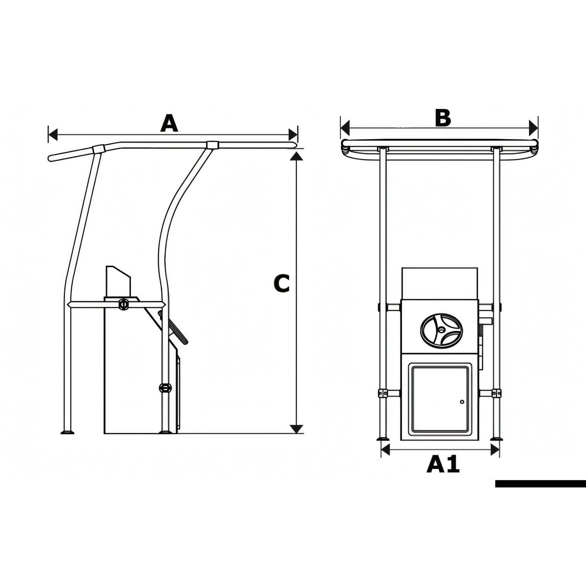 Disegno quotato del T-Top Osculati in alluminio retrattile con quote A, B, C e A1
