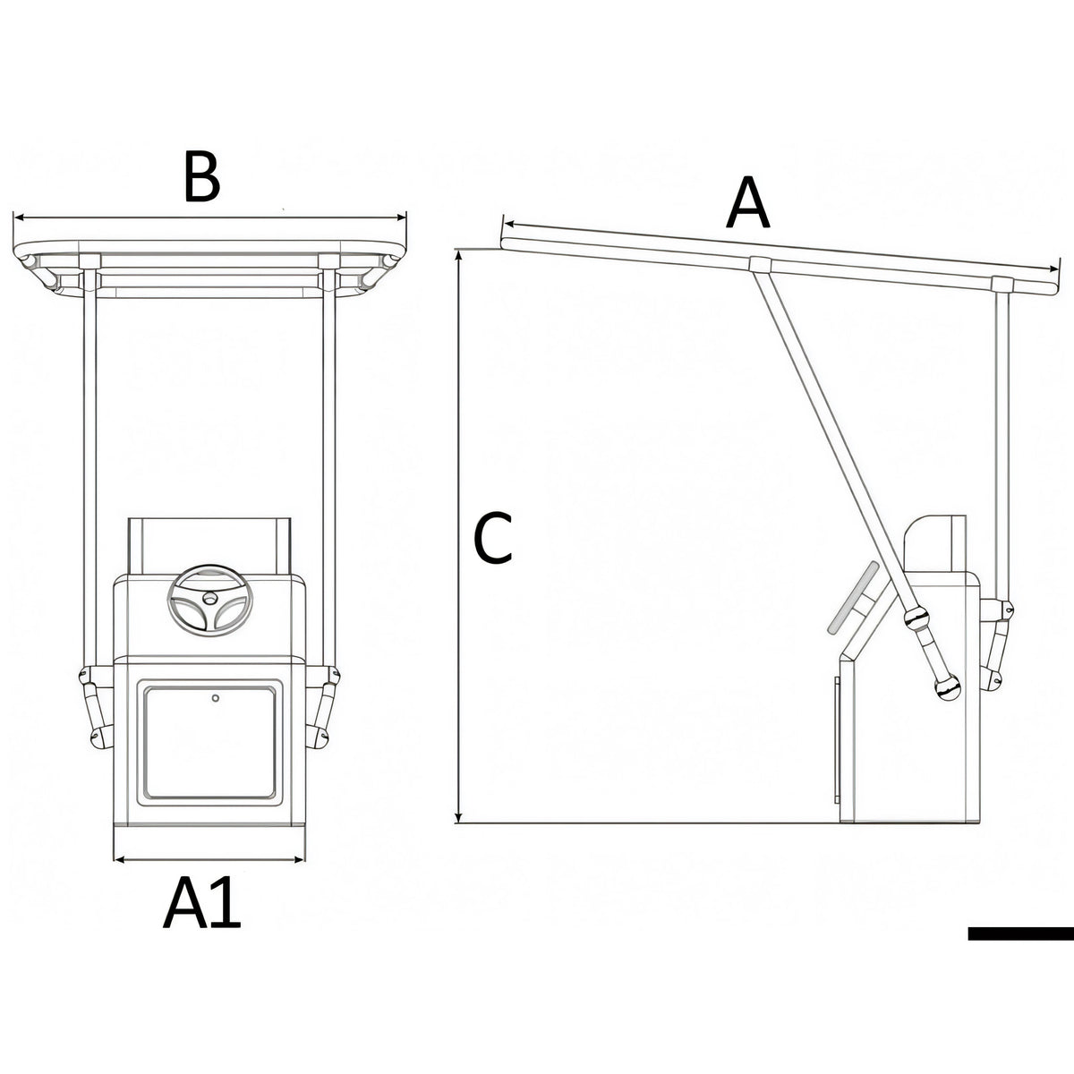 Disegno quotato del T-Top professionale Heavy Duty Osculati con quote A, B, C e A1
