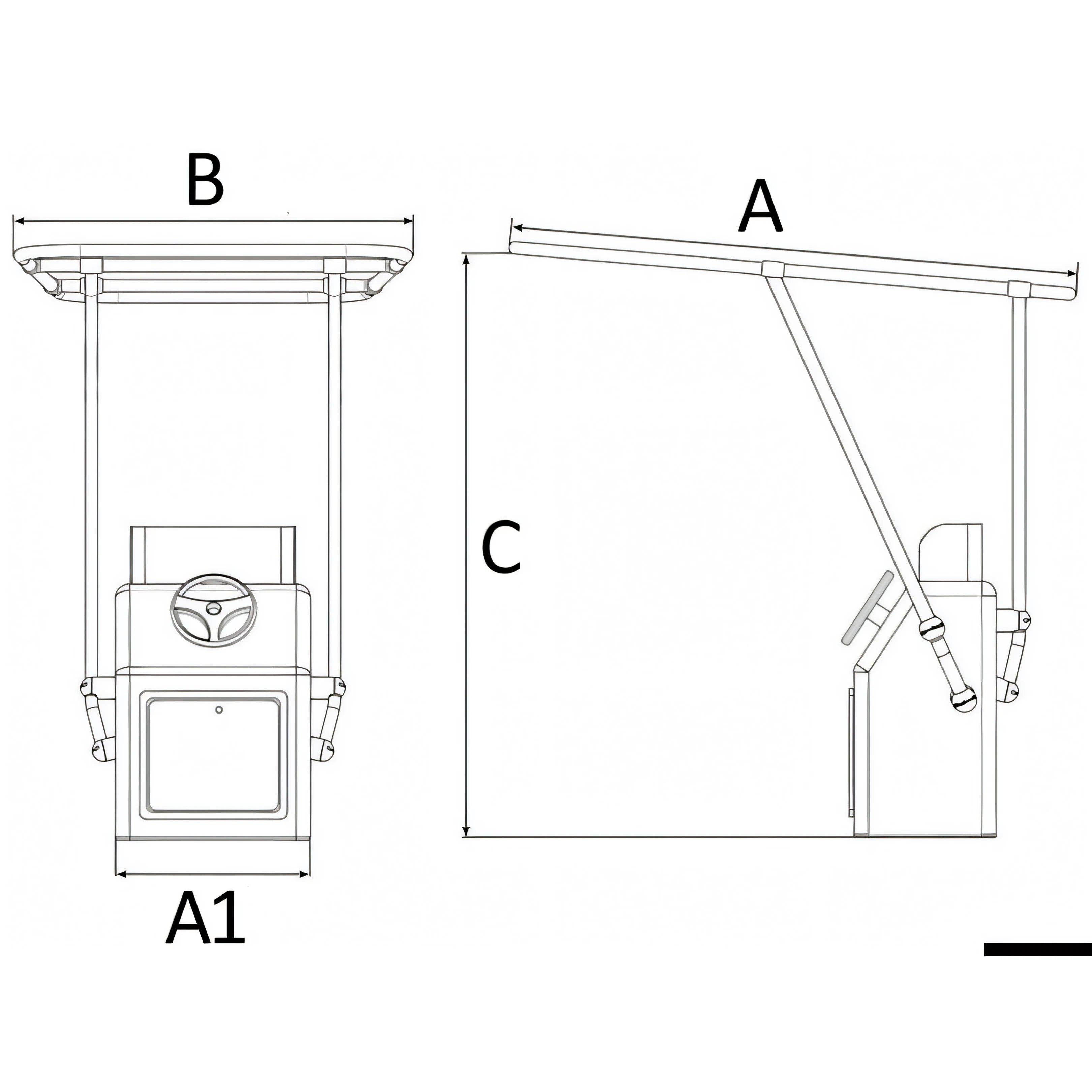 Disegno quotato del T-Top professionale Heavy Duty Osculati con quote A, B, C e A1