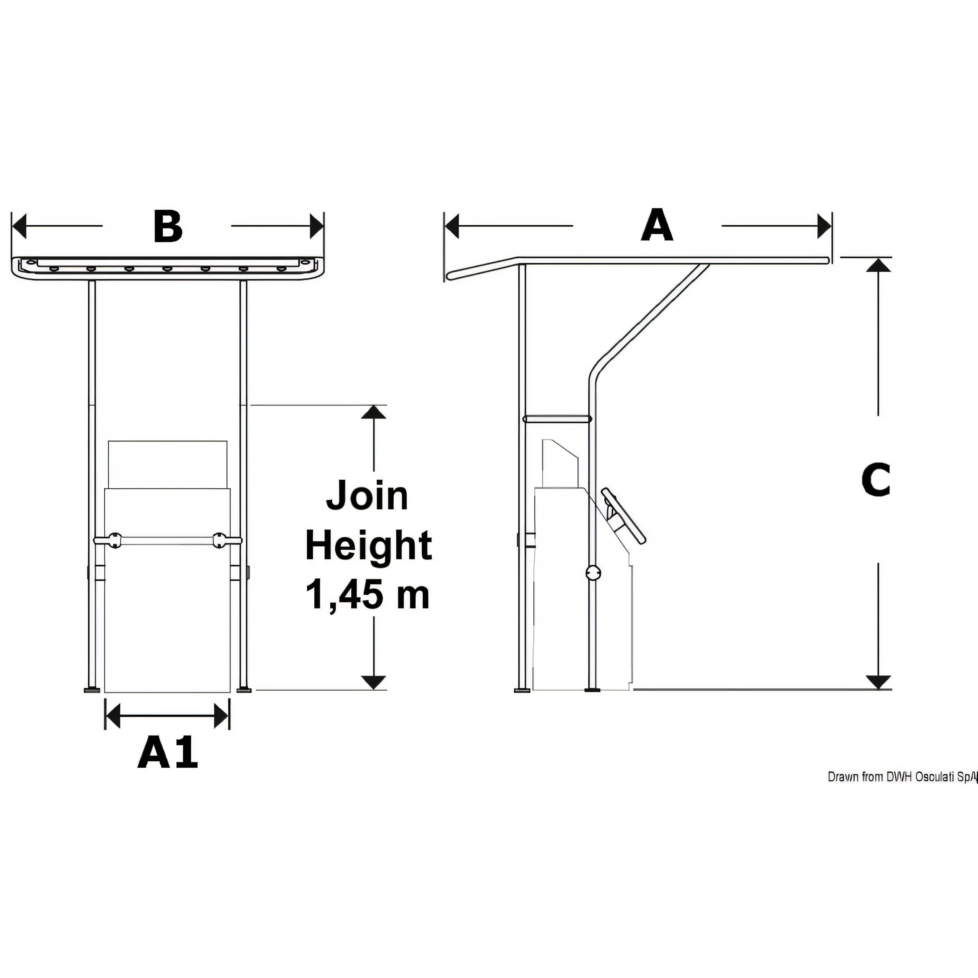 Disegno quotato del T-Top Osculati in lega leggera con quote A, B, C e A1
