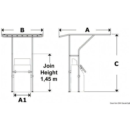 Disegno quotato del T-Top Osculati in lega leggera con quote A, B, C e A1
