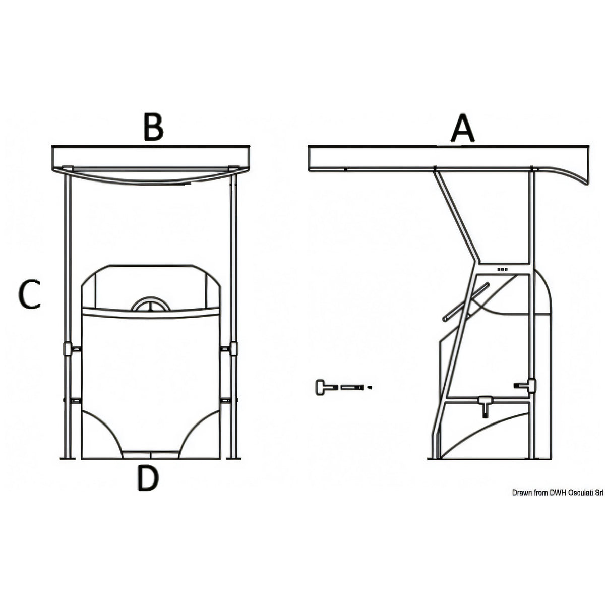 Disegno quotato del T-Top Osculati in acciaio inox con quote A, B, C e D regolabile