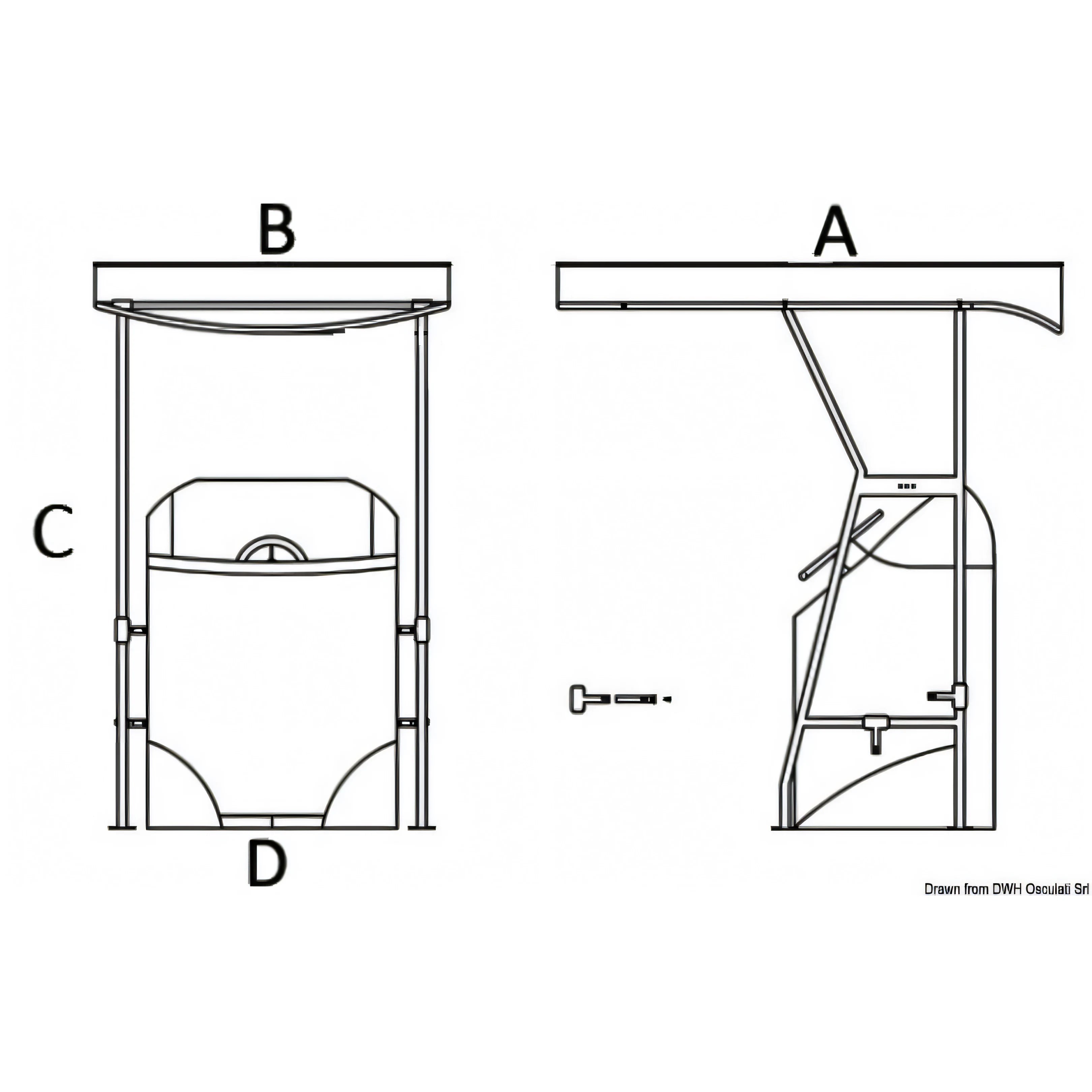 Disegno quotato del T-Top Osculati in acciaio inox con quote A, B, C e D regolabile
