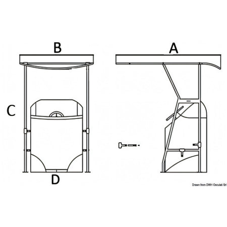 Disegno quotato del T-Top Osculati in acciaio inox con quote A, B, C e D regolabile