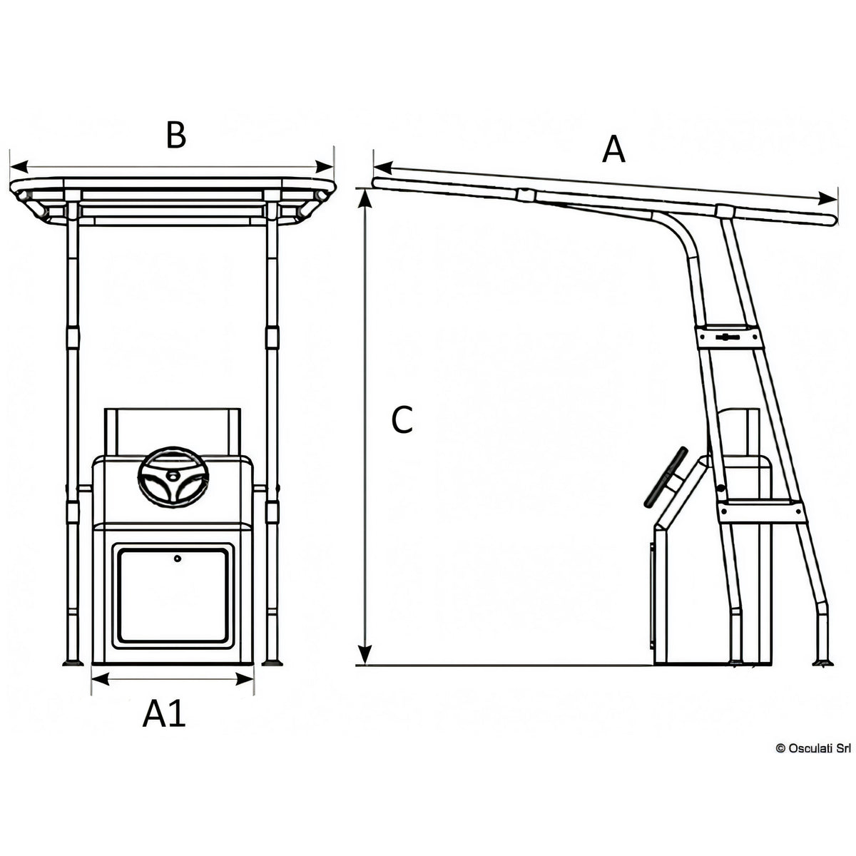 Disegno quotato del T-Top professionale Osculati con quote A, B, C e A1