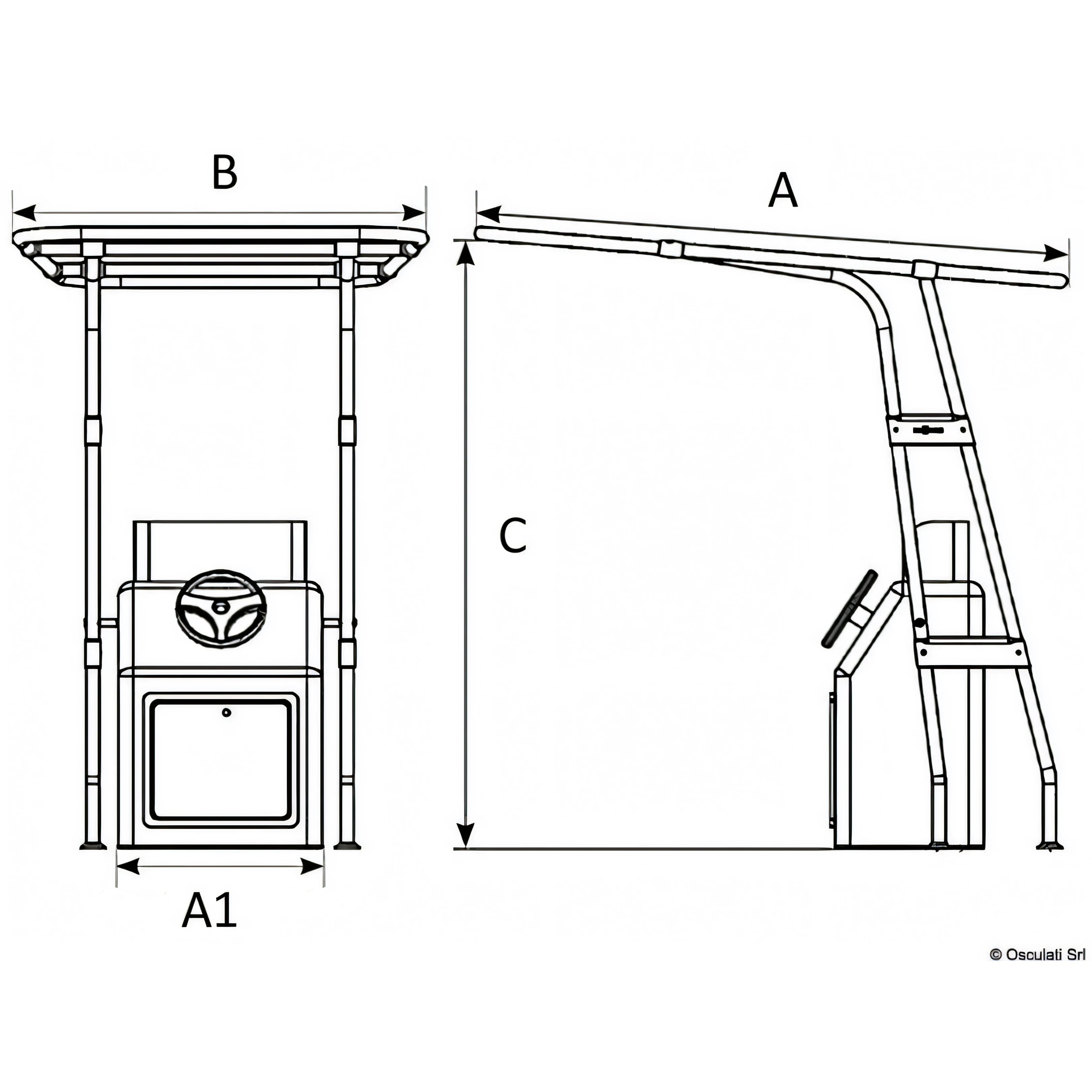Disegno quotato del T-Top professionale Osculati con quote A, B, C e A1