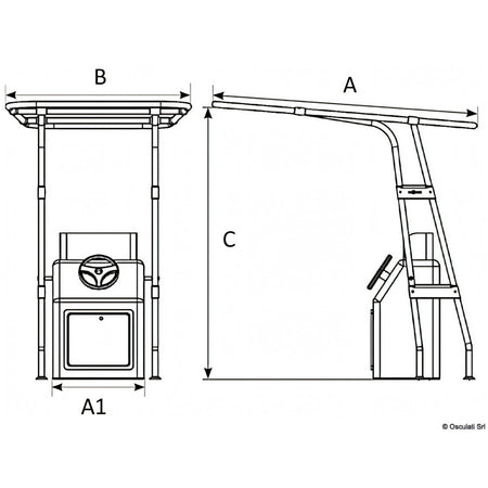 Disegno quotato del T-Top professionale Osculati con quote A, B, C e A1