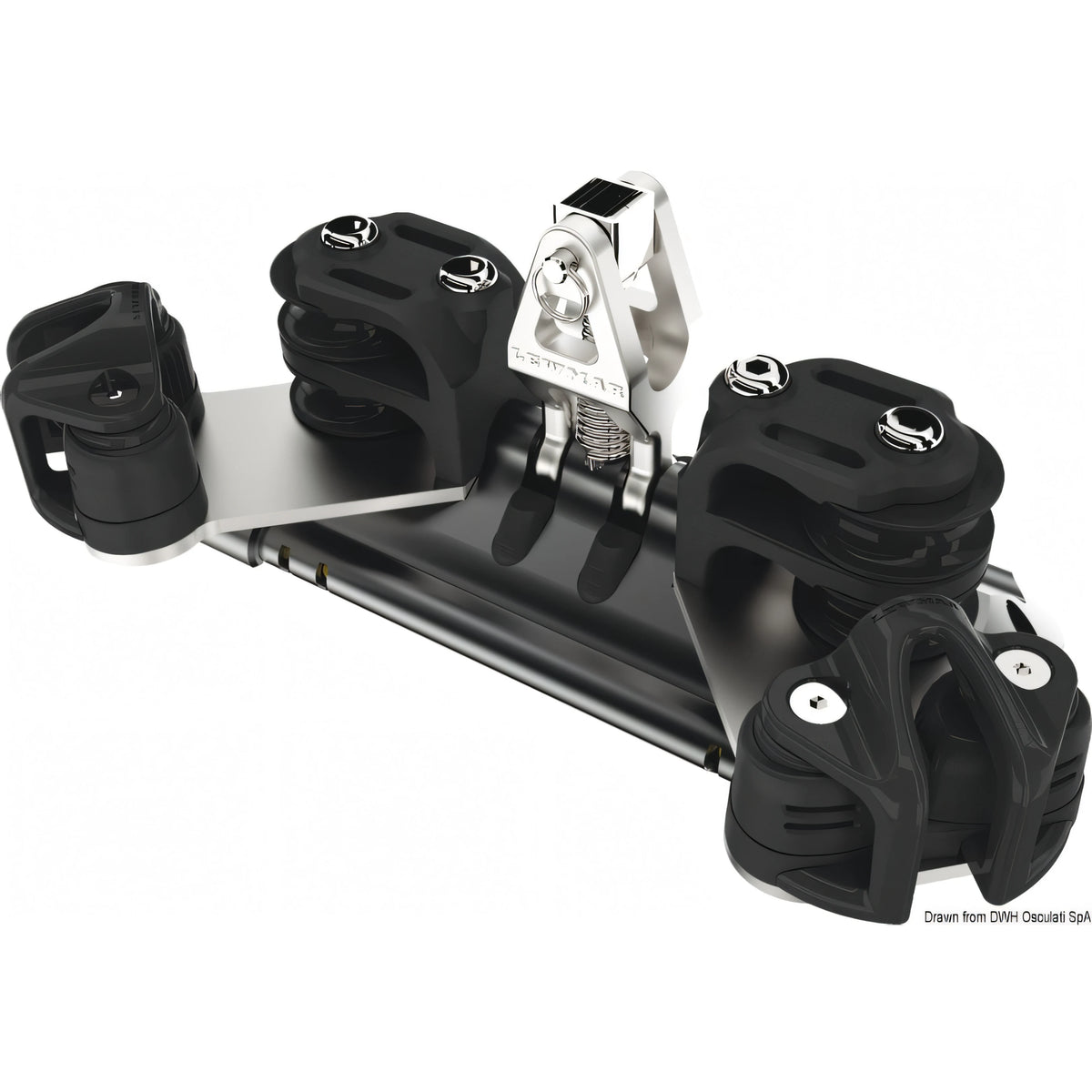 Carrello randa Lewmar NTR su sfere in Torlon con supporto verticale, pulegge doppie e strozzatore