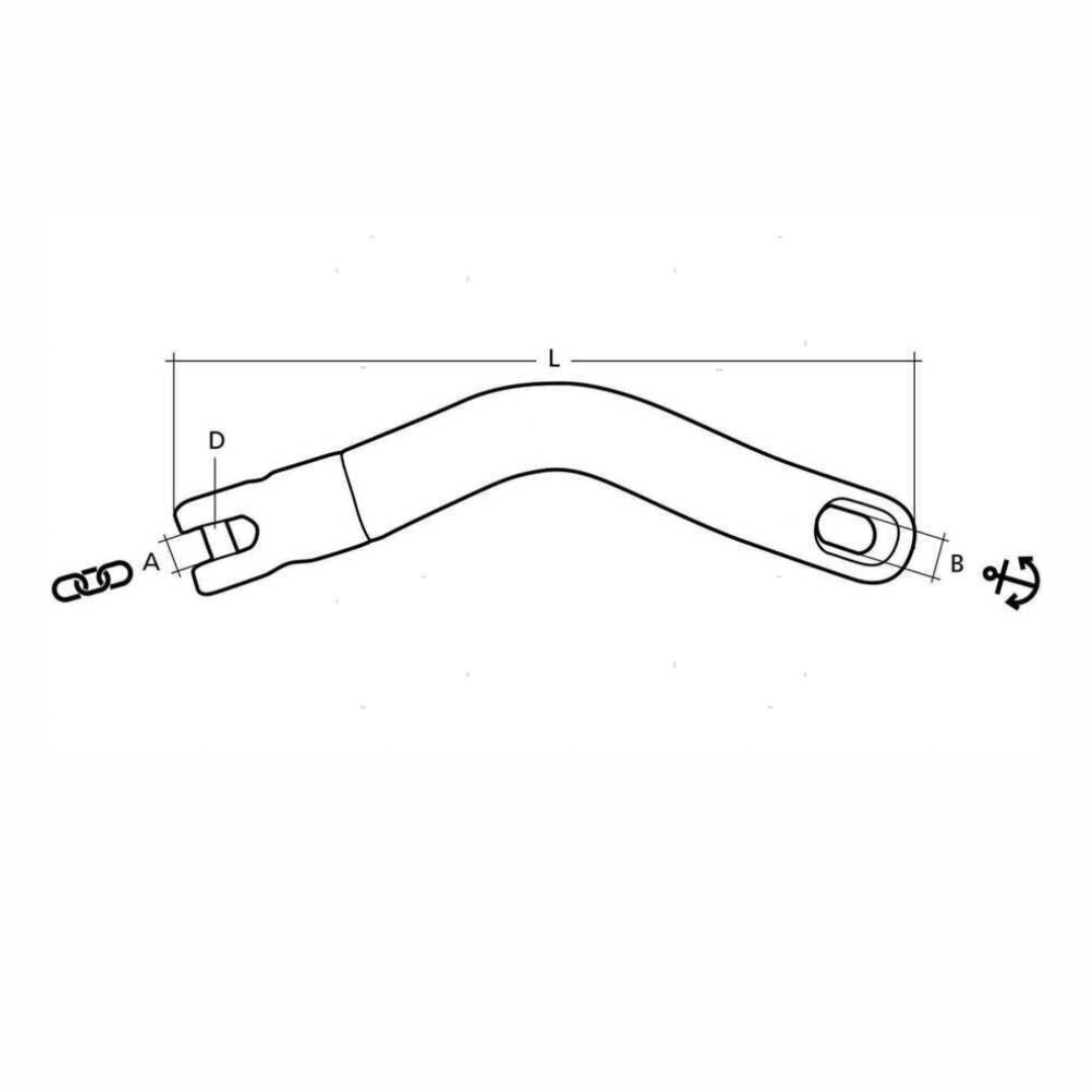 Scheda tecnica giunto per ancora lungo girevole Trimfix per catena Ø 6/8 mm con dimensioni L, A, B, D | Onautica