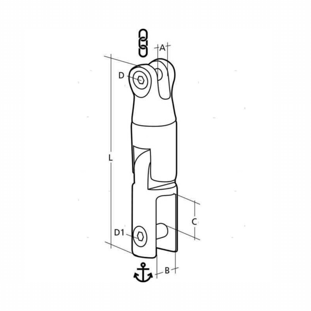 Scheda tecnica giunto girevole per ancora con snodo catena Ø 6/8 mm, dimensioni A B C D L | Onautica