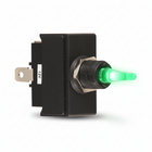 Interruttore toggle lever LED 12V con leva illuminata verde e corpo nero in plastica, terminali a linguetta | Onautica
