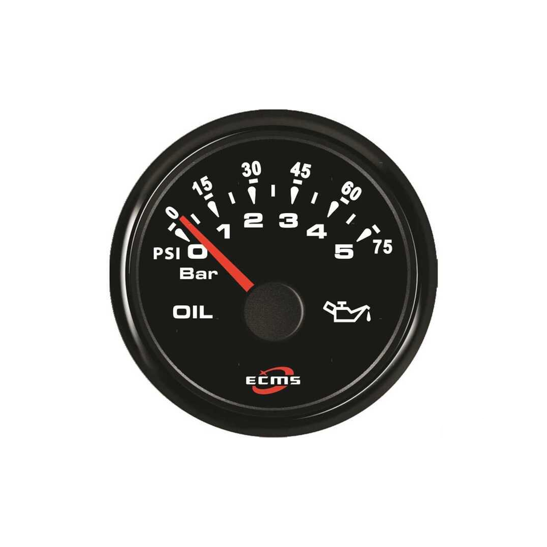 Manometro olio ECMS All Black quadrante nero, scala PSI/Bar 0-75, ghiera inox, impermeabile IP67 | Onautica