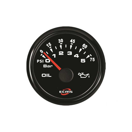 Manometro olio ECMS All Black quadrante nero, scala PSI/Bar 0-75, ghiera inox, impermeabile IP67 | Onautica