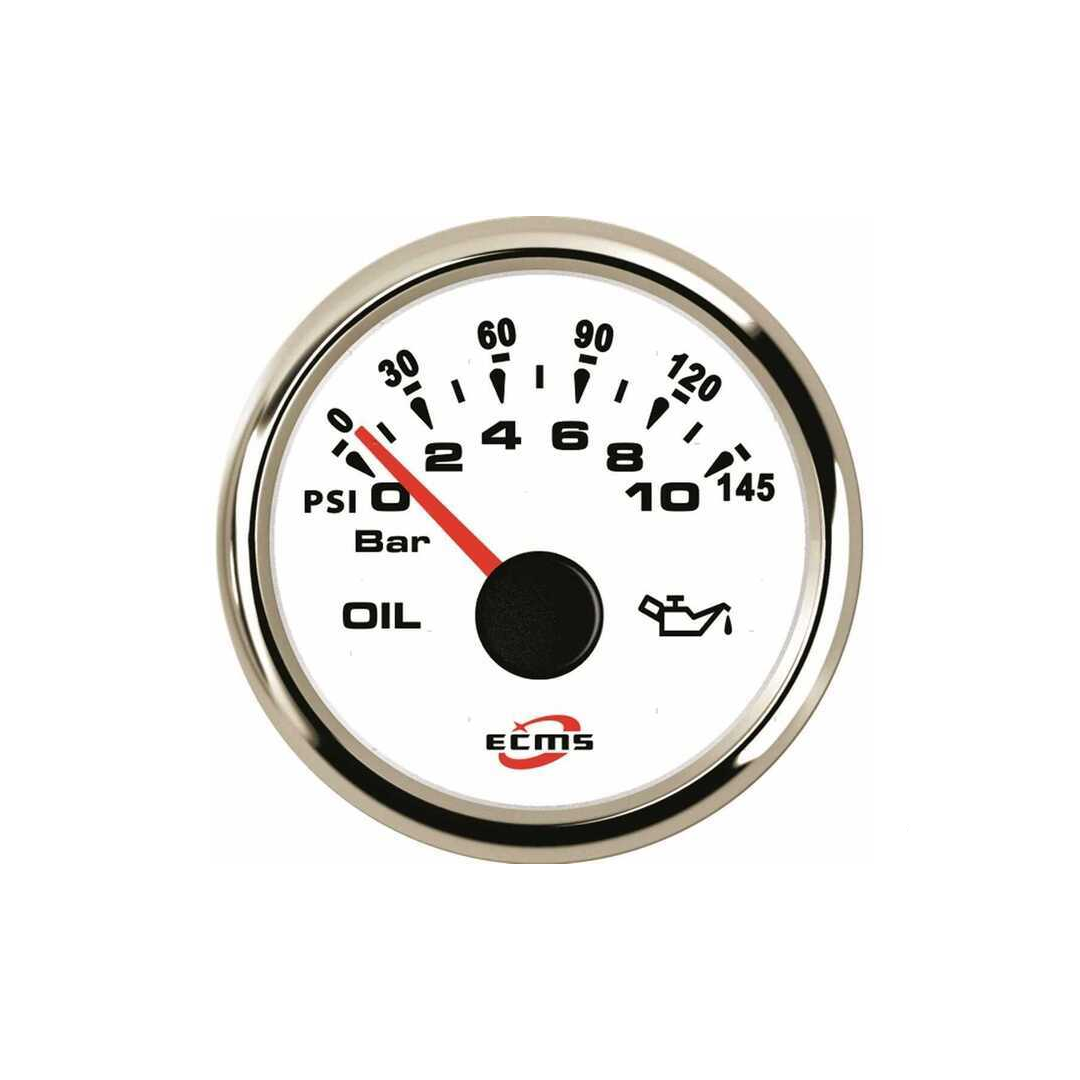 Manometri marini ECMS White Chrome Ø 52mm, Acciaio Inox 316. Strumentazione impermeabile IP67, anti-appannamento e programmabile. olio 0-10